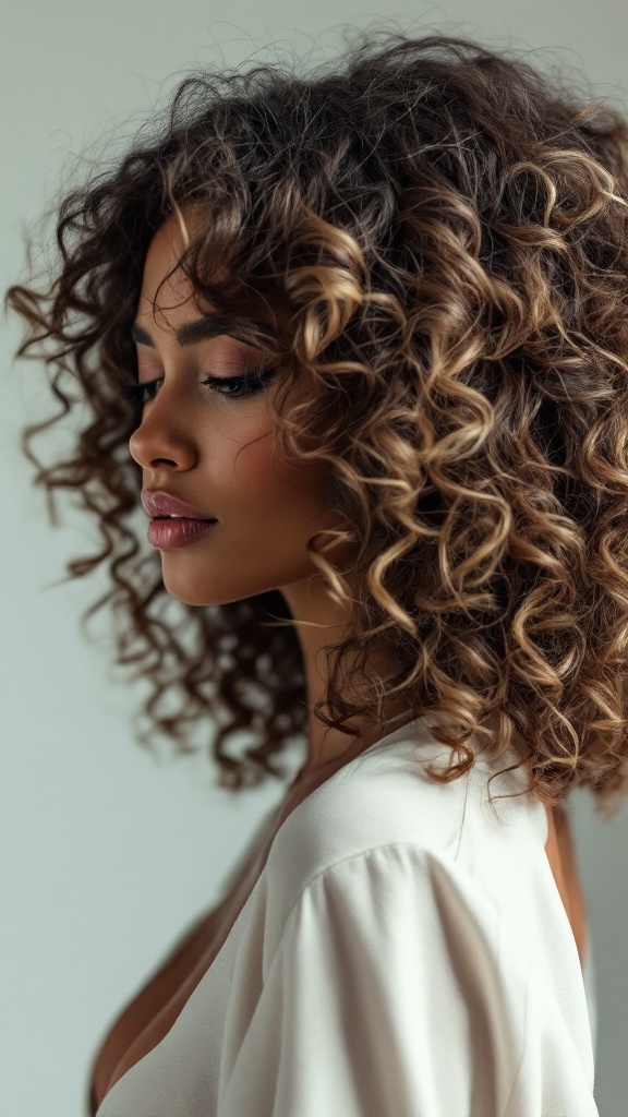 Curly layered hairstyle with highlights on medium hair