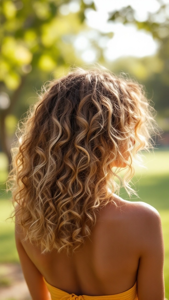 A woman with a curly long bob hairstyle, featuring highlights, stands outdoors in a bright setting.