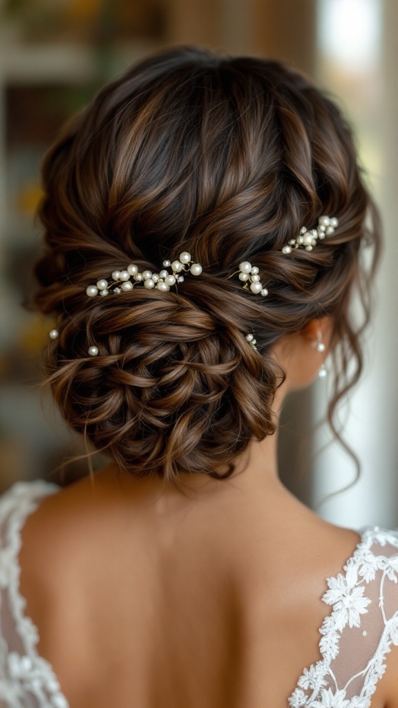Curly low bun hairstyle with pearl embellishments for bridesmaids