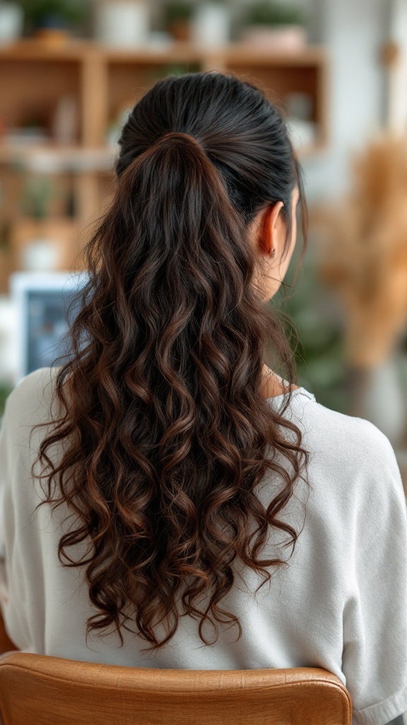 A woman with curly hair styled in a ponytail, sitting in a cozy workspace.
