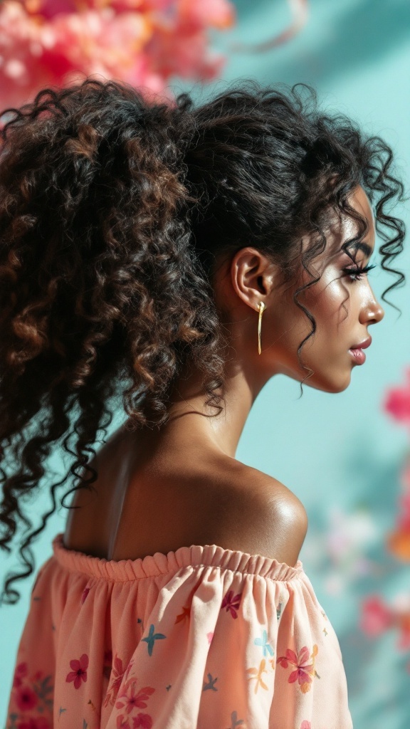 A woman with curly hair styled in a high ponytail, showcasing volume and texture.