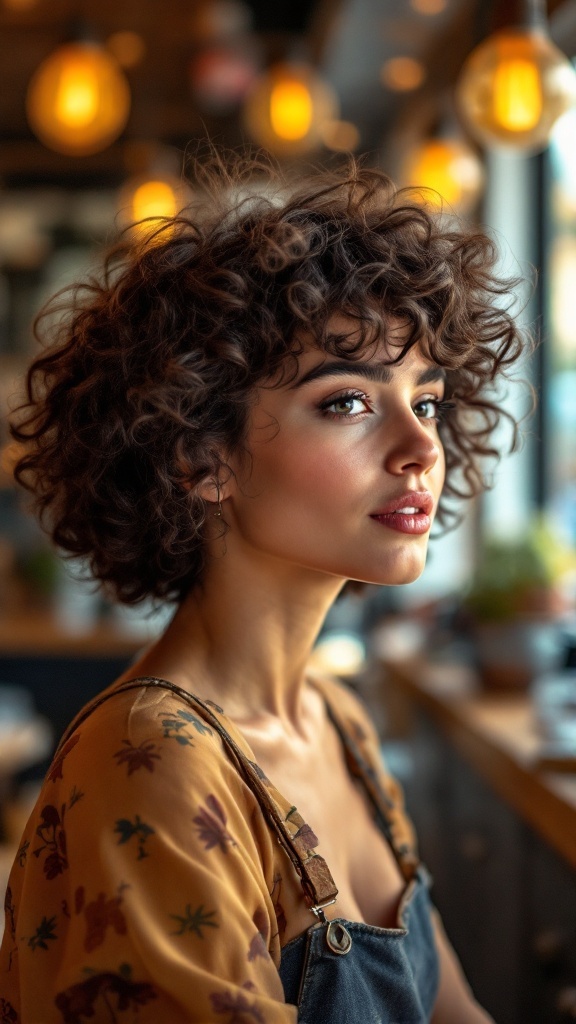 A woman with a curly shag hairstyle, showcasing soft bouncy curls and a stylish floral outfit.
