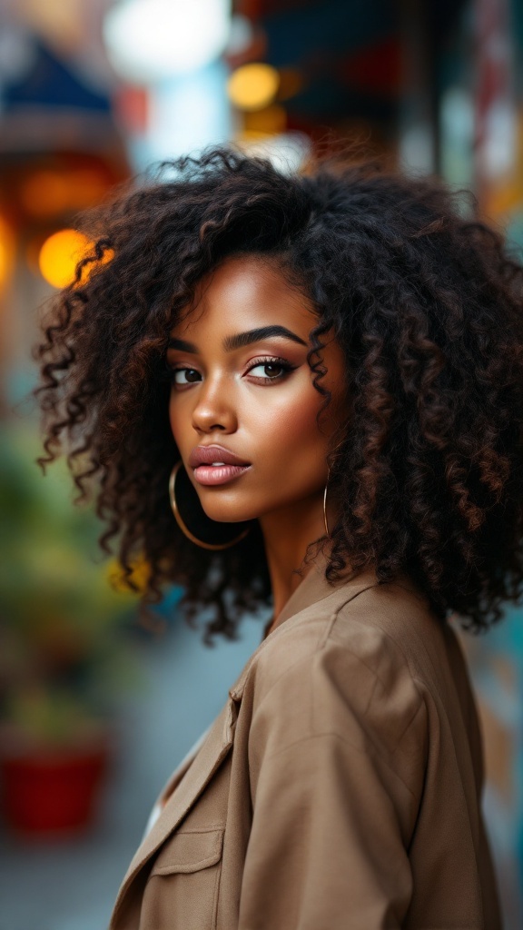 A woman with a curly shag hairstyle, showcasing volume and texture.