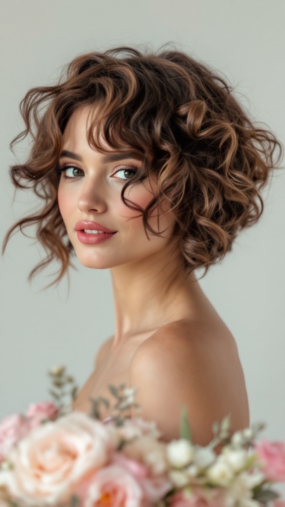 Curly short shag hairstyle for bridesmaid with flowers