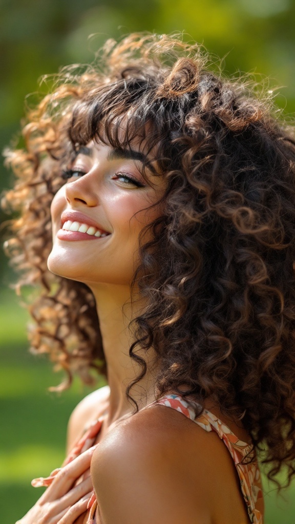 A woman with curly hair and side bangs smiling outdoors