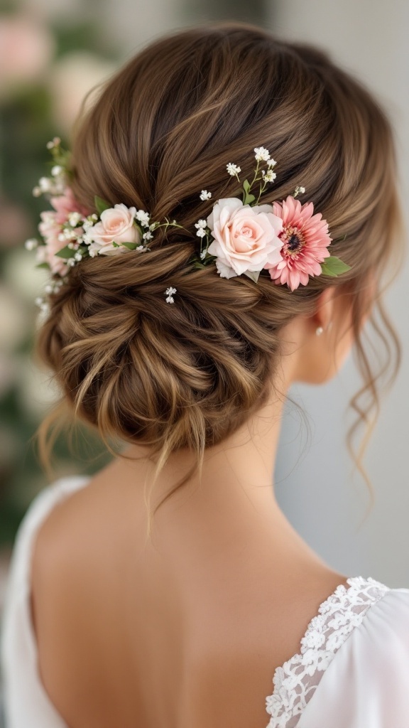 A curly side bun decorated with pink and white floral accents