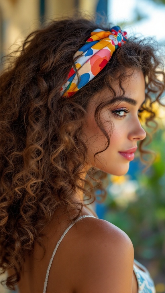 A woman with curly hair wearing a colorful headband.