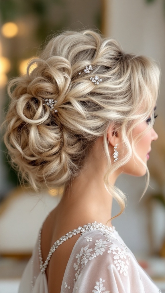 A beautiful curly updo hairstyle adorned with rhinestones, styled for a wedding.