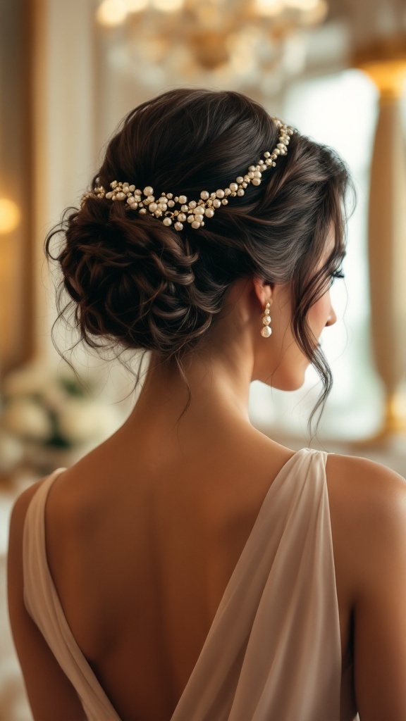 A bride showcasing a curly updo with a side part, adorned with pearl accessories.