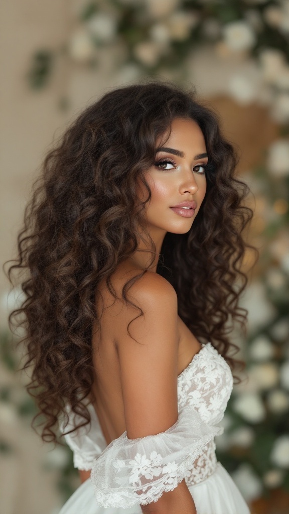 A bridesmaid with curly hair styled in voluminous waves, wearing an elegant dress with lace details, set against a floral backdrop.