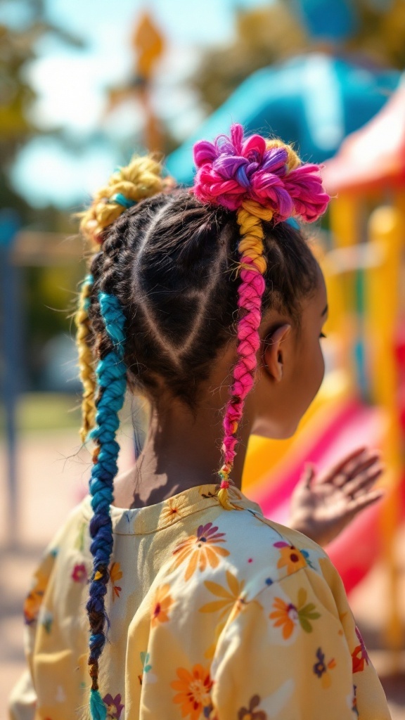 A young girl with colorful space buns and braids, wearing a floral shirt, playing in a vibrant playground.