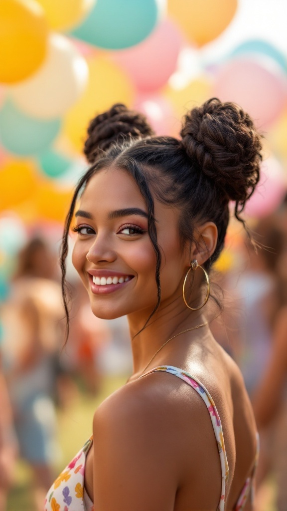 A young woman smiling with space buns hairstyle in a colorful background.