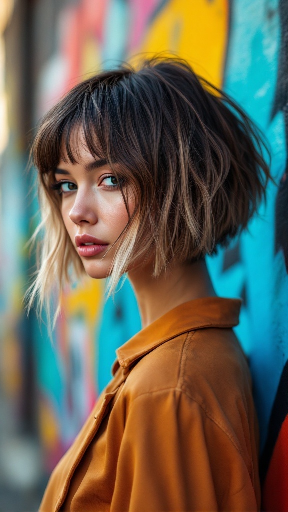 A woman with a daring asymmetrical bob hairstyle, featuring soft waves and a color gradient from dark to light, against a colorful background.