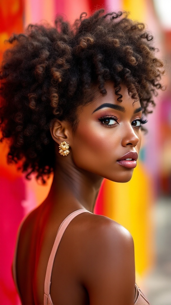 A woman with defined curly hair, showcasing a Defined Curl Fro hairstyle.