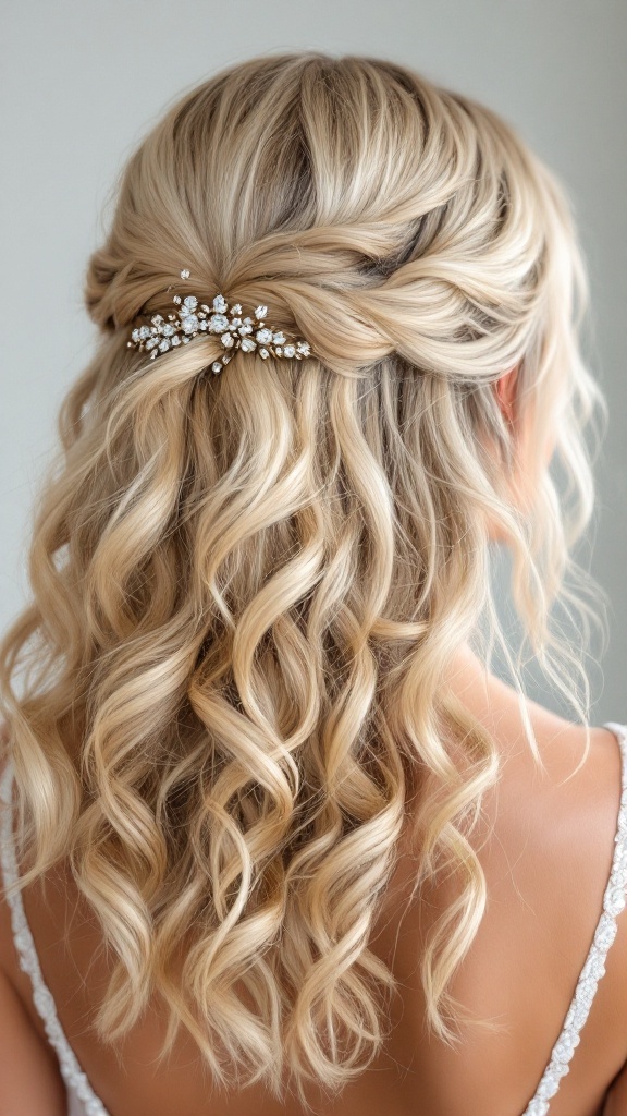 Bridesmaid hairstyle featuring defined curls and rhinestone clips