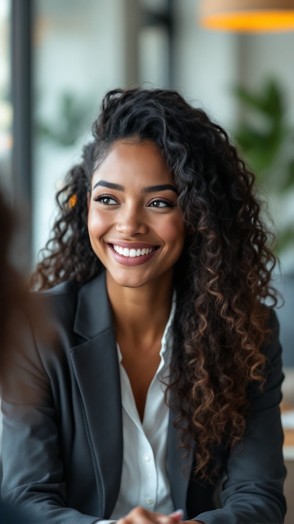 A woman with defined ringlets smiling while wearing a blazer, showcasing a polished look suited for work.