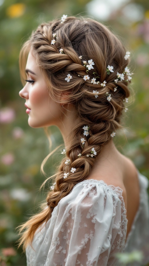 A bride with medium-length hair styled in a delicate crown braid adorned with small white flowers.