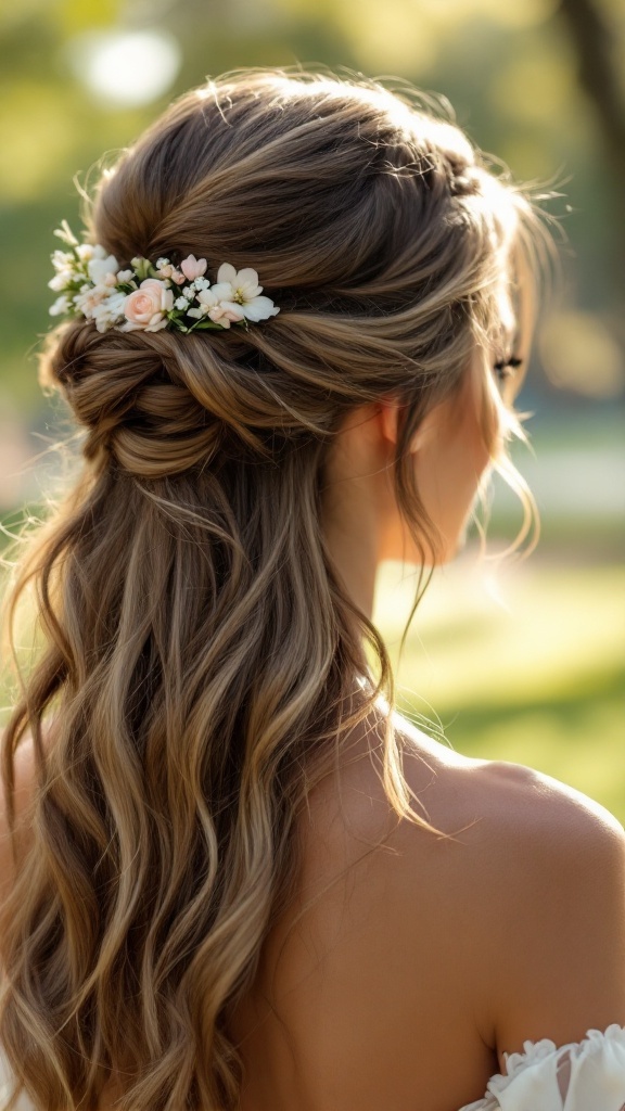 A woman with a delicate flower accented half-up hairstyle, featuring soft waves and blossoms in her hair.
