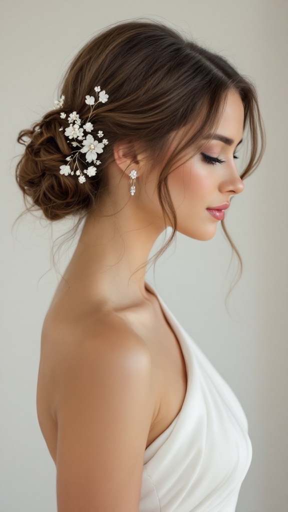 A woman with a sophisticated updo hairstyle adorned with small white flowers, complementing her one-shoulder dress.
