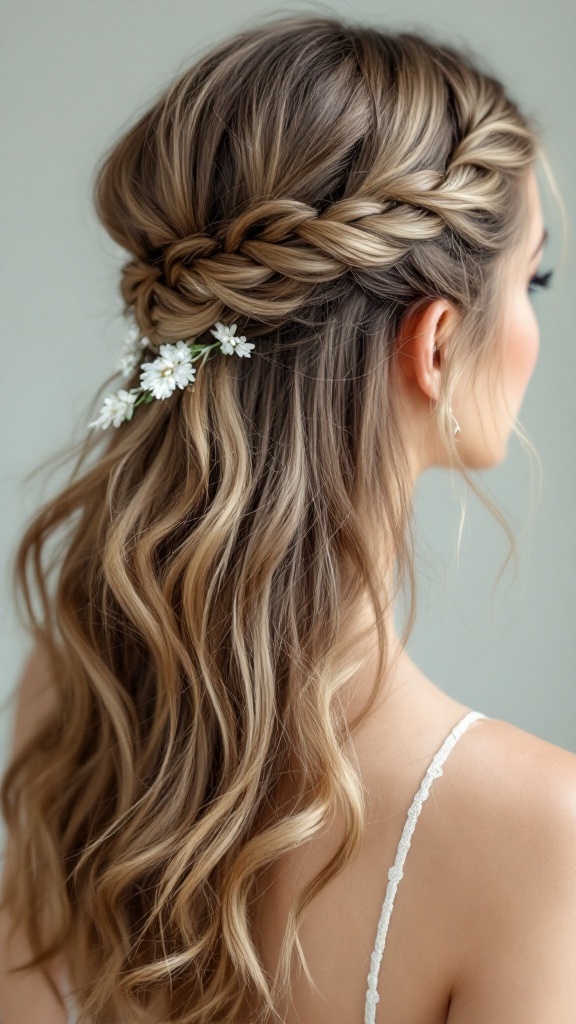 Half-up half-down wedding hairstyle featuring a delicate lace braid and floral accents.