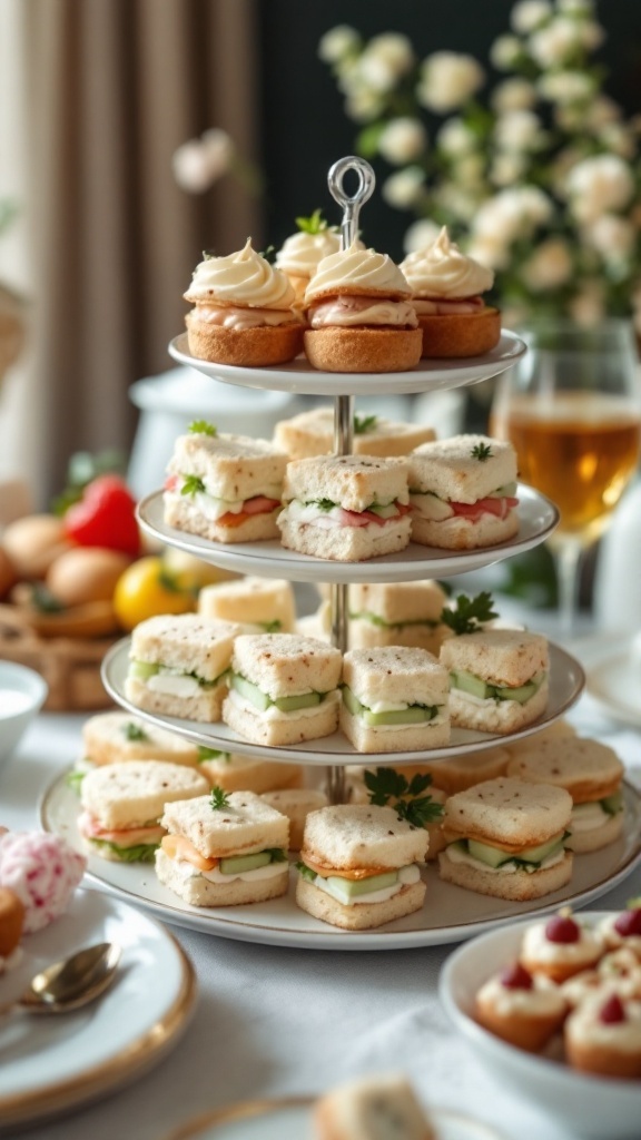 A tiered stand filled with assorted finger foods, including mini sandwiches and cupcakes, perfect for a tea party bridal shower.