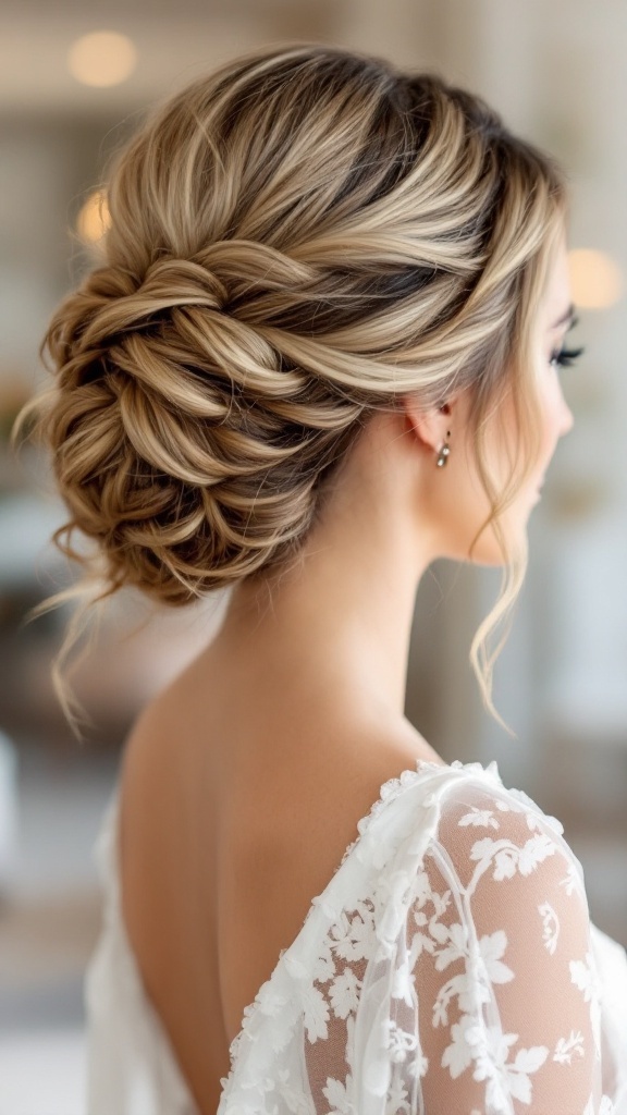 Elegant hairstyle for the mother of the bride featuring a detailed knot and intricate twists.