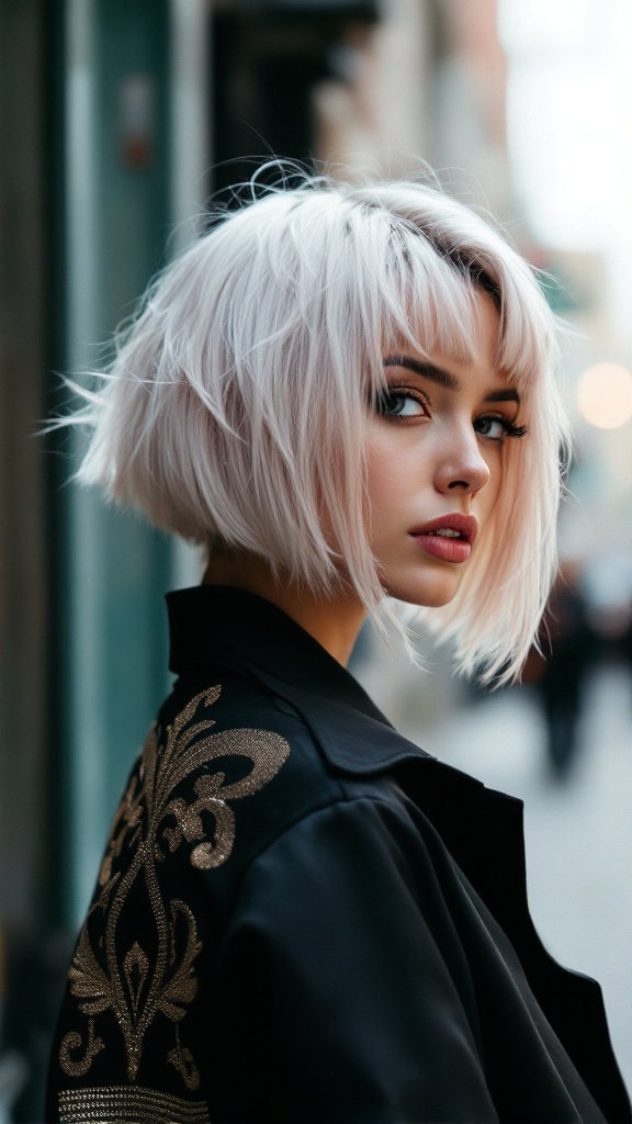 Model with a disconnected bob hairstyle, featuring choppy layers and a playful, tousled look.
