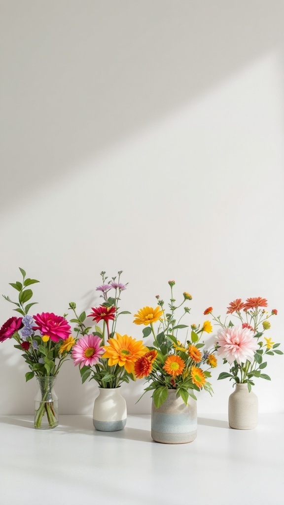 Colorful floral arrangements in various vases on a table.