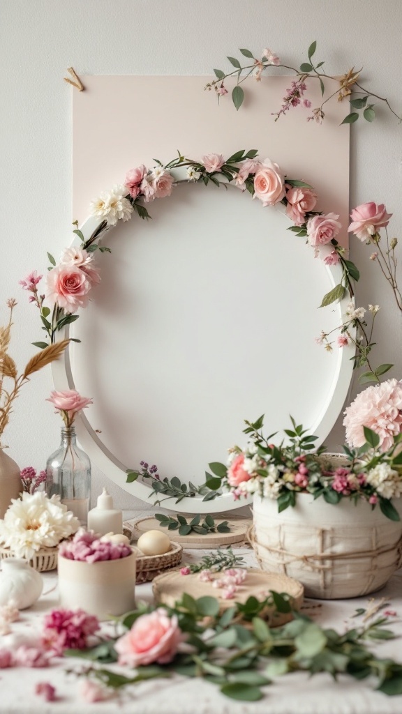 A DIY flower crown station with pink roses and greenery, perfect for a bridal shower.