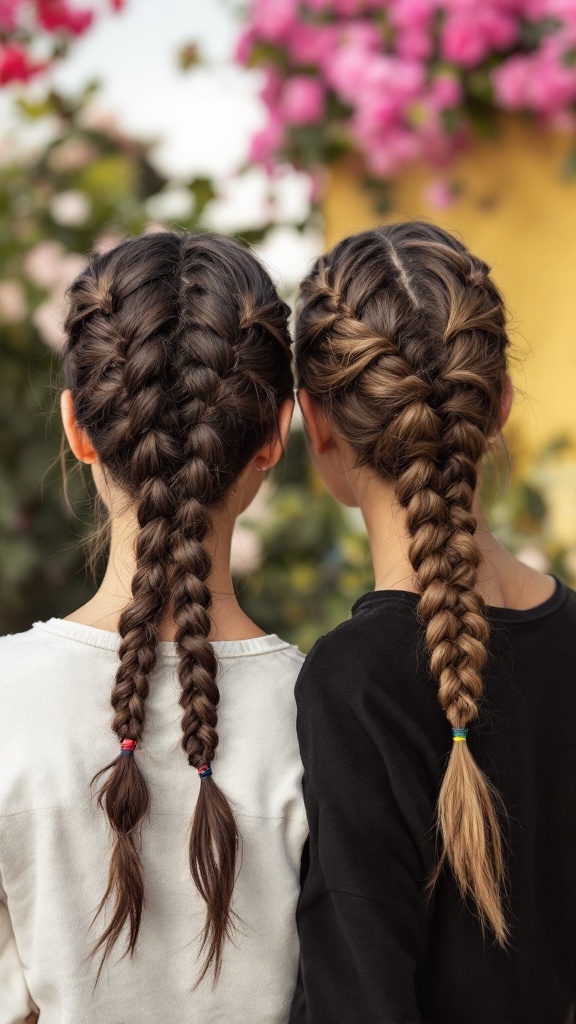 Two girls with double braids, showcasing a simple and stylish hairstyle for long hair.