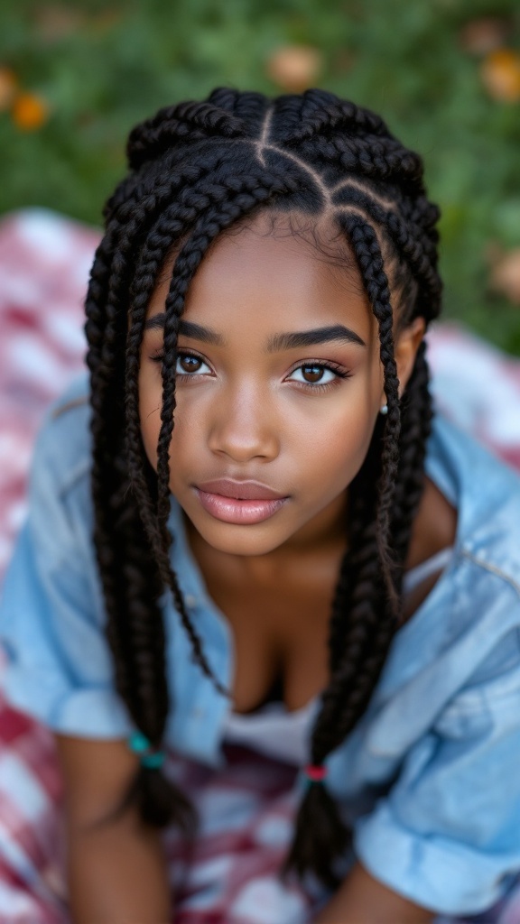 A girl with double Dutch braids wearing a denim shirt, showcasing a stylish summer hairstyle.