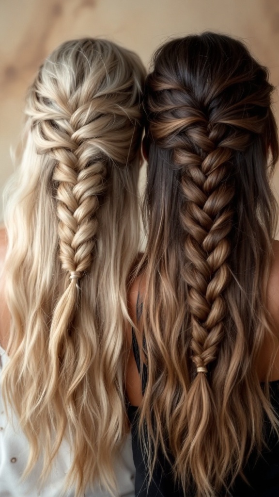 Two people with long hair styled in double Dutch braids, showcasing a blonde braid and a dark brown braid.