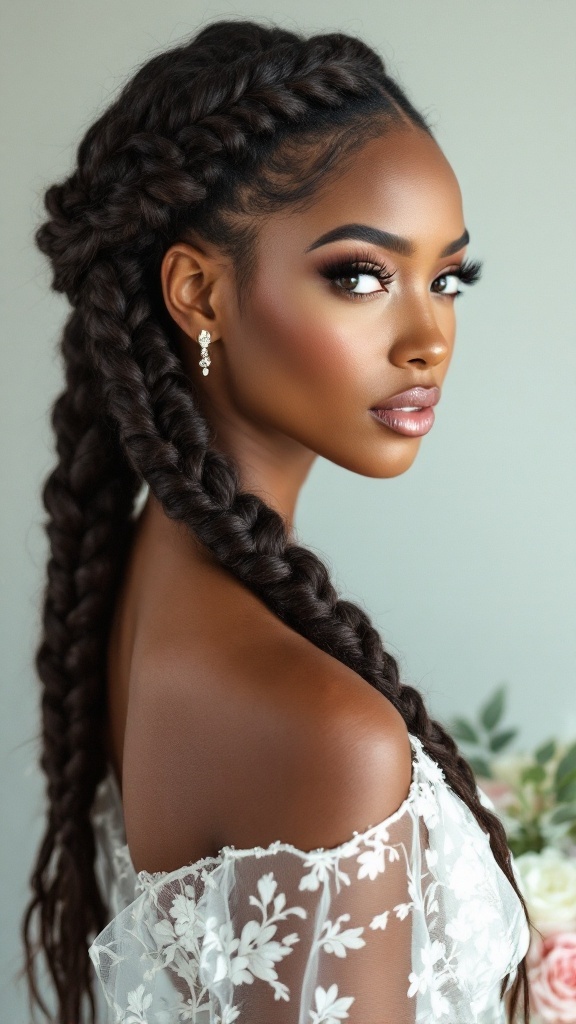 A close-up of a woman with double Dutch braids, wearing an off-shoulder dress and earrings, showcasing a stylish look.