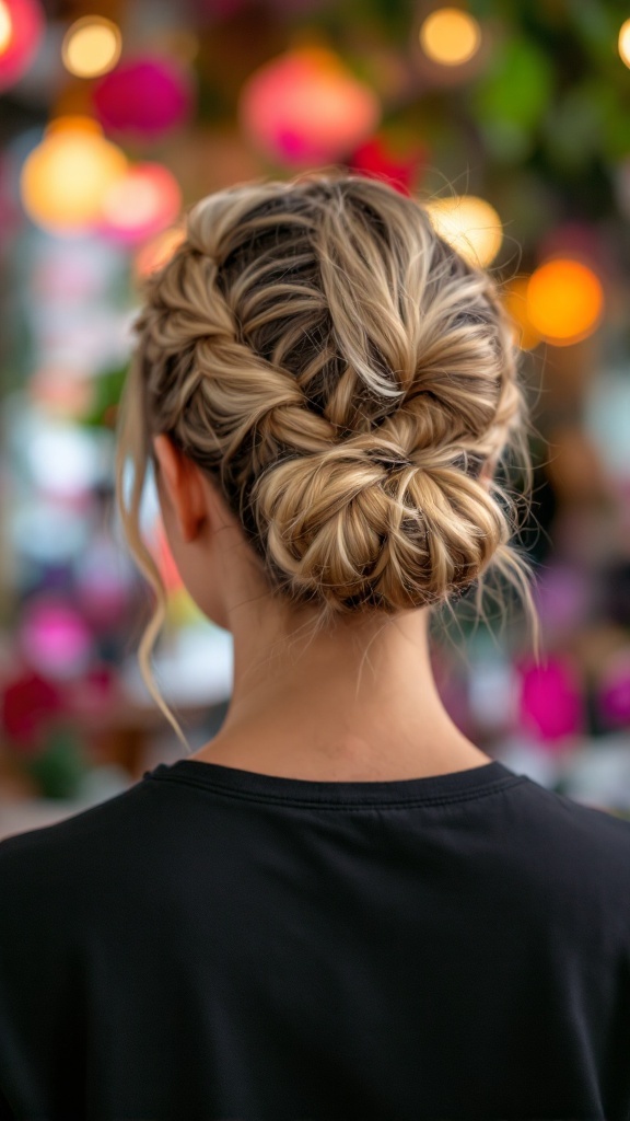 A woman with medium blonde hair styled in a double knot updo, showcasing a playful and relaxed hairstyle.