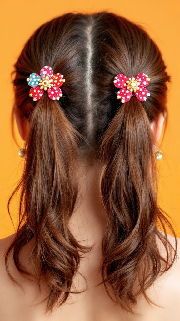 Two girls with double ponytails and pink bows, showcasing a playful hairstyle.