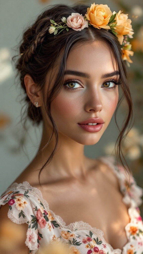A bridesmaid with double twisted hair and loose ends, adorned with a floral crown.