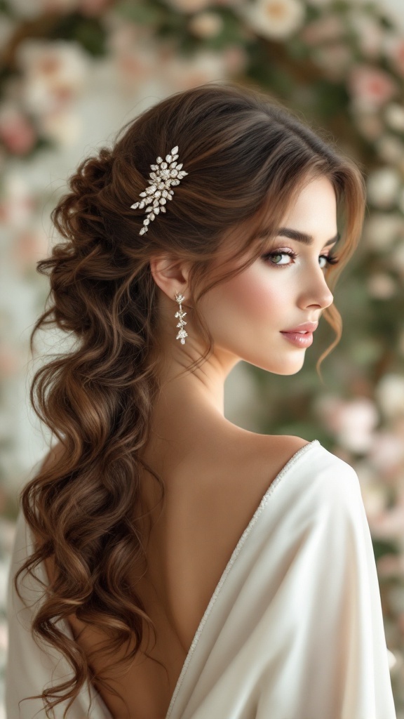 A woman with long, wavy hair adorned with a sparkling hairpiece, showcasing a stunning hairstyle for a wedding.