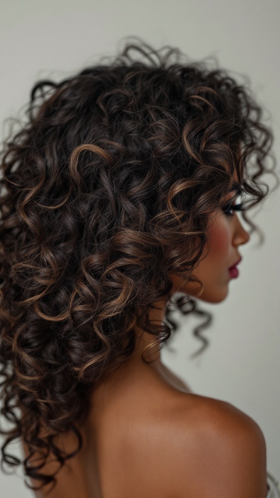 A profile view of a woman with dramatic side-swept crochet curls, showcasing vibrant dark hair with lighter highlights.