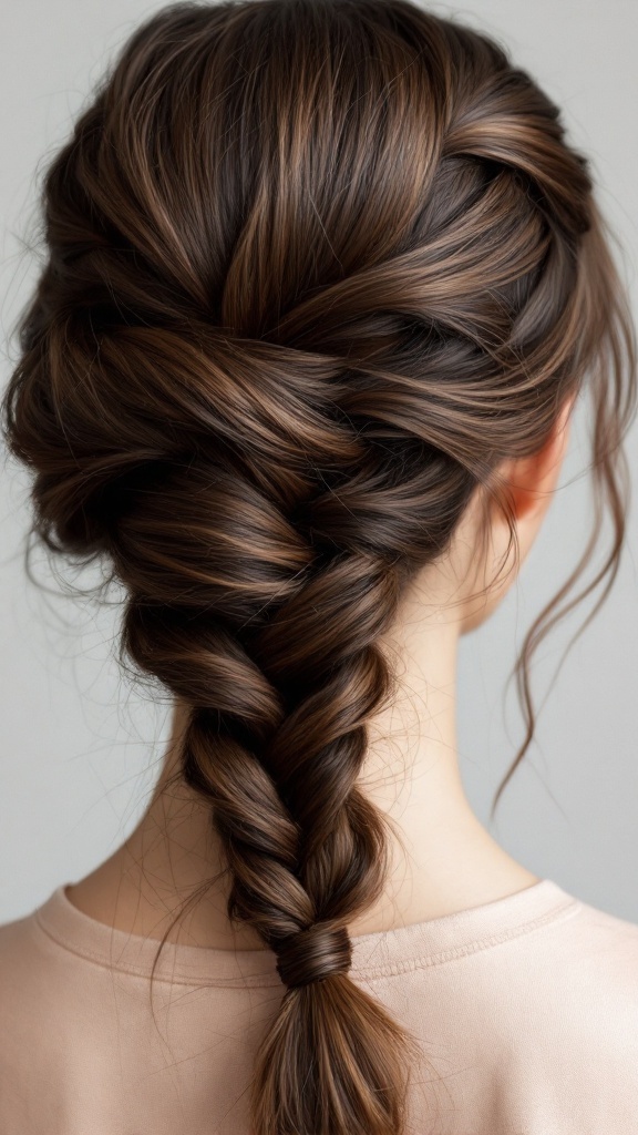 Close-up of a Dutch braid updo hairstyle showcasing a beautifully woven braid.
