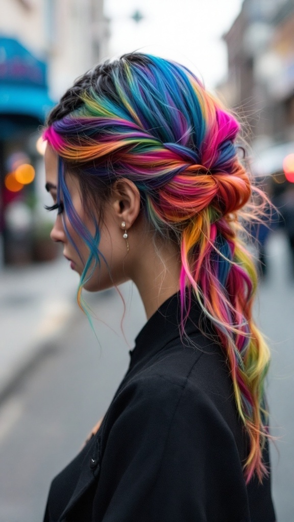 A woman with half up half down hairstyle featuring vibrant rainbow highlights, styled with braids.