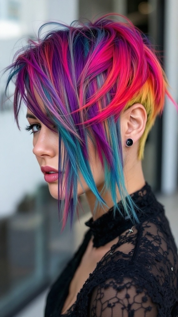 A model with short hair styled in an edgy half up half down look, featuring bold pink and dark colors.