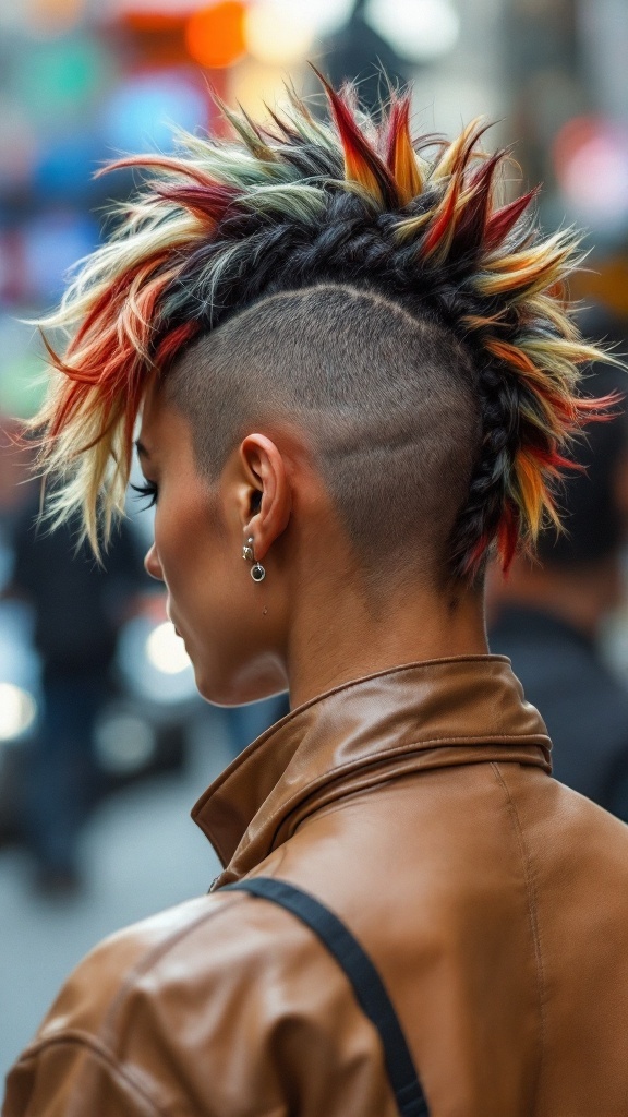 A person with an edgy twisted half hawk hairstyle showcasing vibrant colors and shaved sides.
