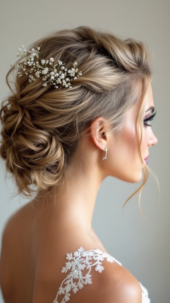 A woman with an edgy undercut hairstyle adorned with floral decor, showcasing curls and elegance.