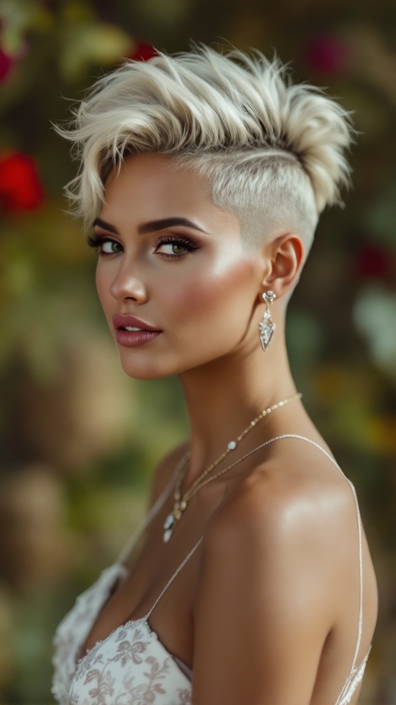 A bride with a stylish edgy undercut hairstyle, featuring longer textured hair on top and shaved sides.