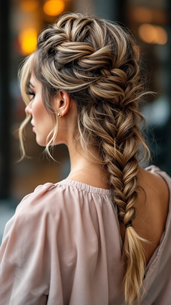 A side braid hairstyle, showcasing a half-up, half-down look with wavy strands.