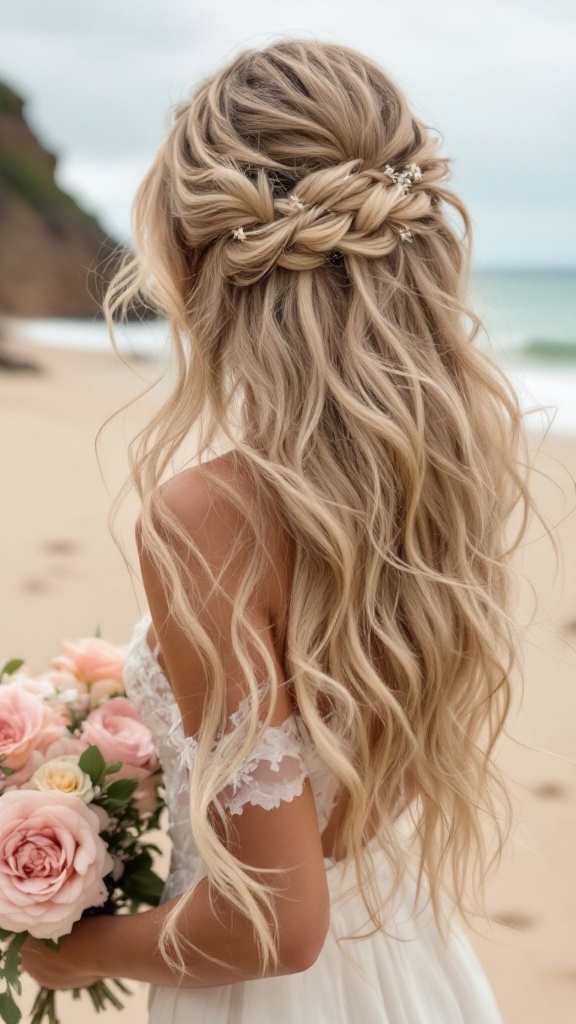 A bride with long, wavy hair styled in a half-updo with braids and flowers, holding a bouquet on the beach.