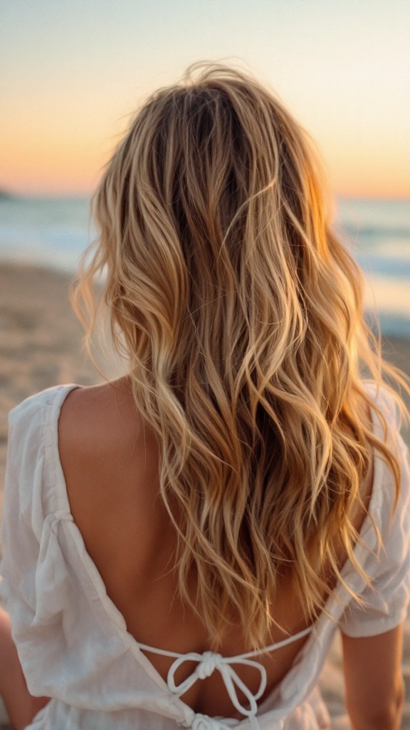 A woman with wavy hair sitting on the beach during sunset, showcasing effortless beach waves.