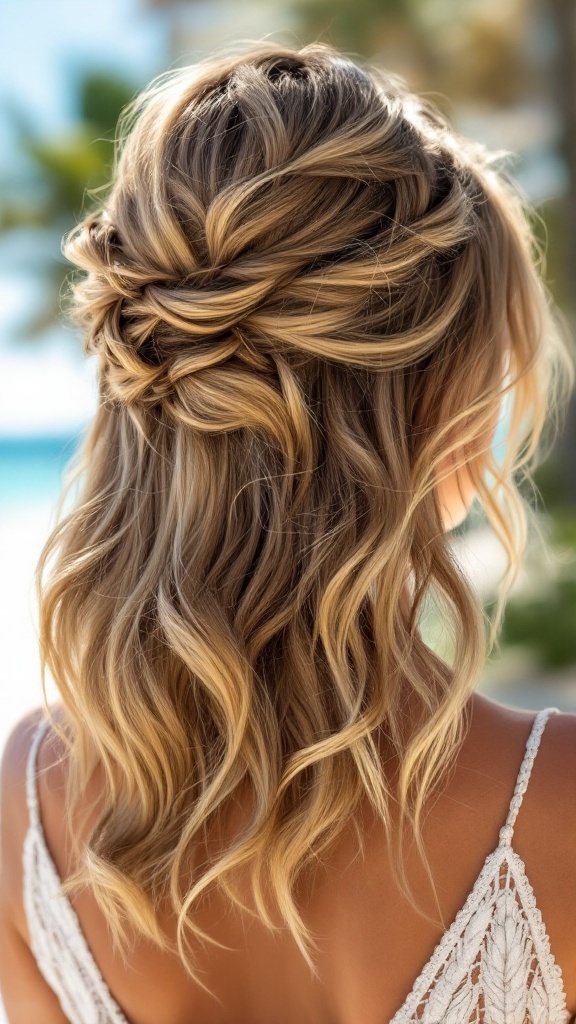 A woman with short hair styled in half up half down with beachy waves.