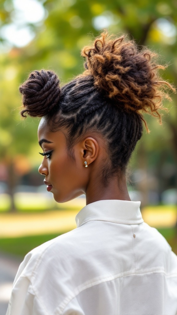 A stylish woman with space buns hairstyle, showcasing a half-up, half-down look in a natural setting.