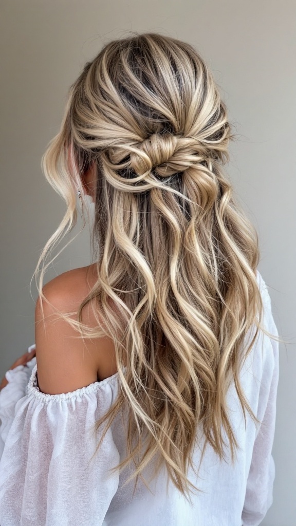 A woman with long, wavy hair styled in a side part half up half down hairstyle.